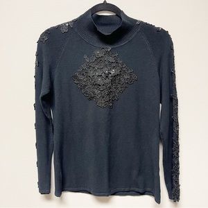 MOTIVE Vintage Black Mock Neck Sheer Cutout Floral Knit Sweater Women’s L